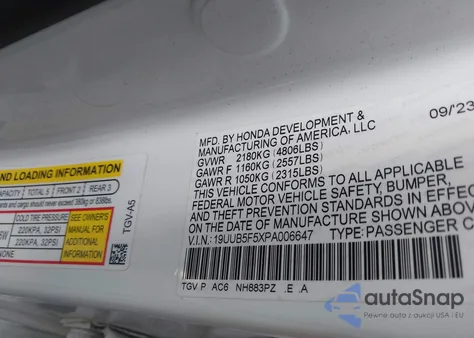 2023 Acura Tlx A-Spec Package из США, поврежденный, VIN 19UUB5F5XPA006647